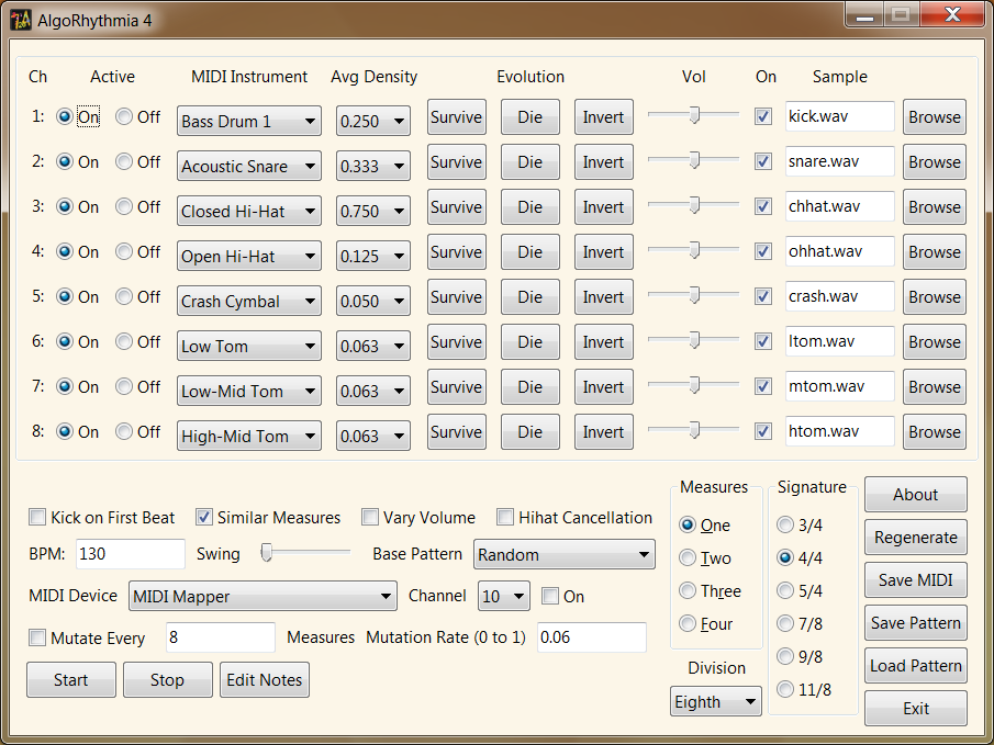 Tweakable algorithmic drum beat generator and editor with WAV and MIDI playback.